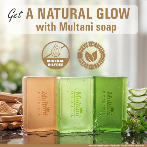 Image of Multani Natural Assorted Soap - 125 gm (Pack of 3) | Neem Tulsi + Sandalwood + Aloe Vera Soaps | For Tan Removal and Skin Brightening |Ayurvedic Handmade Bath Bar | For All Skin Types | Soap Bar For Men & Women