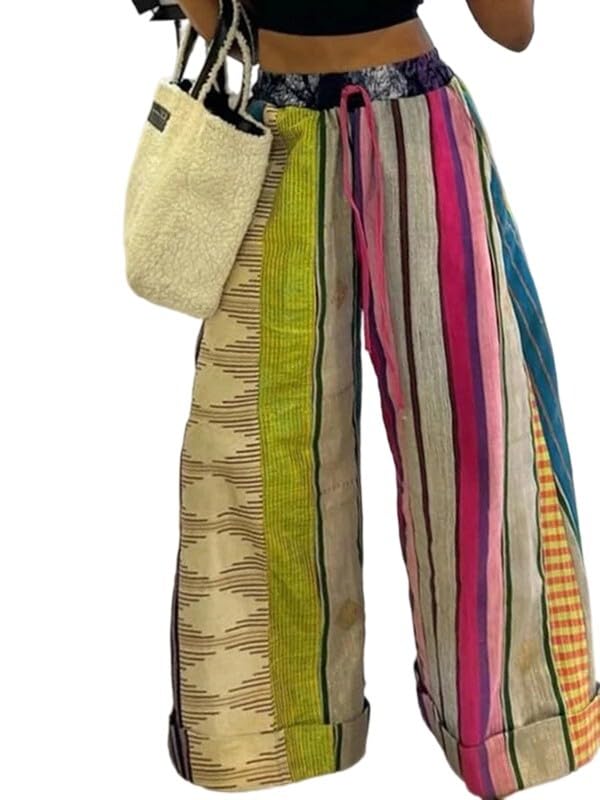 UOOZEE Women's Boho Patchwork Wide Leg Pants Colorful High Waisted Drawstring Palazzo Trousers Summer Beach Lounge Pants