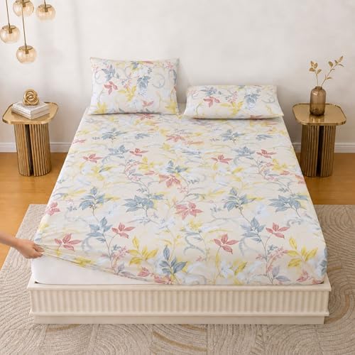 Image of Jaipur Weaves Queen Size Fitted Bedsheet Cotton with Elastic, 100% Pure Cotton Double Bed Fitted Sheet with 2 Pillow Covers, 240 TC, 60x78 Inches up to 8-inch Mattress, Floral Design - (Orange Floral)