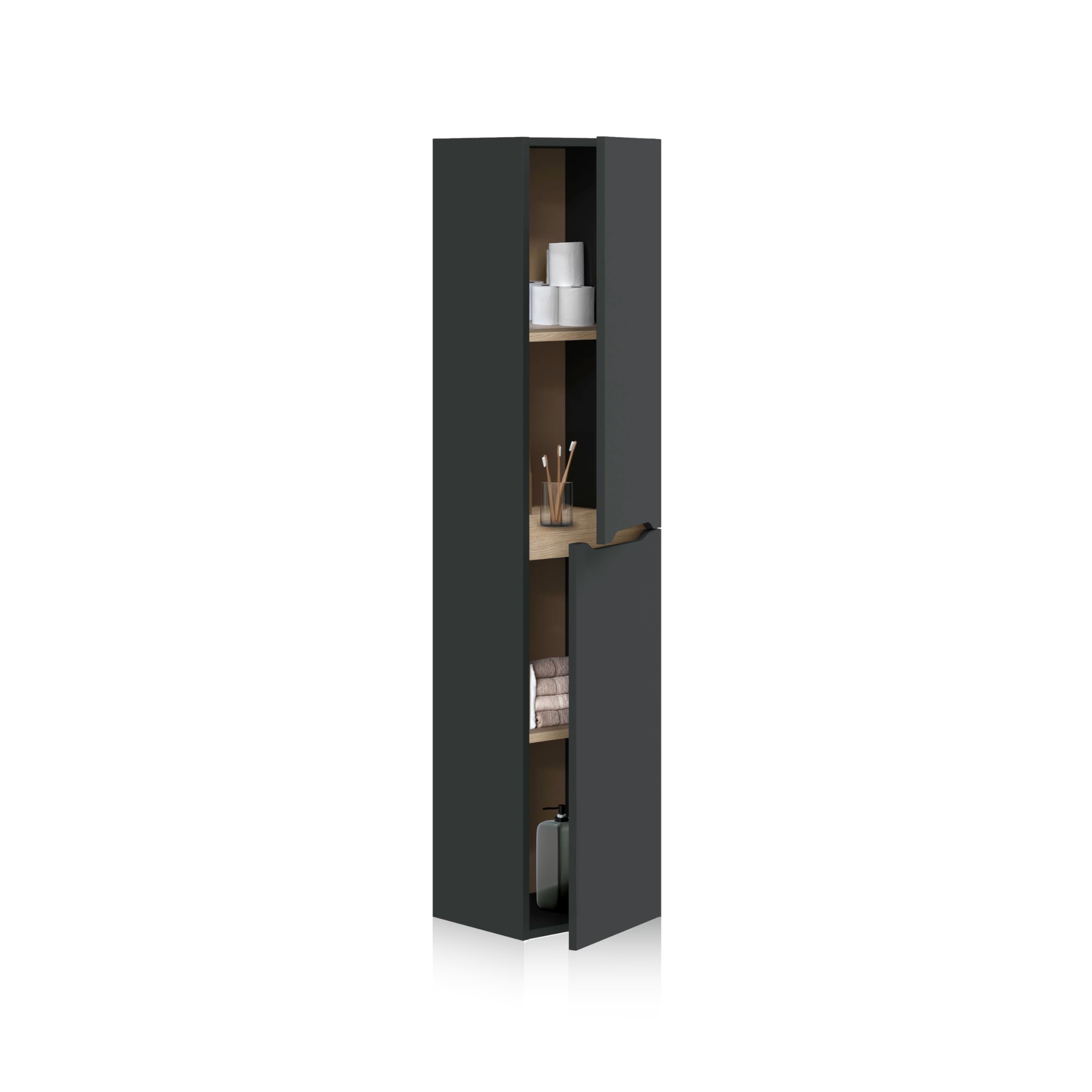 duehome | Columna de Baño Suspendida, Módulo con Almacenaje, Modelo Opera, Acabado en Antracita y Roble, Medidas: 31 cm (Largo) x 135 cm (Alto) x 26 cm (Fondo)