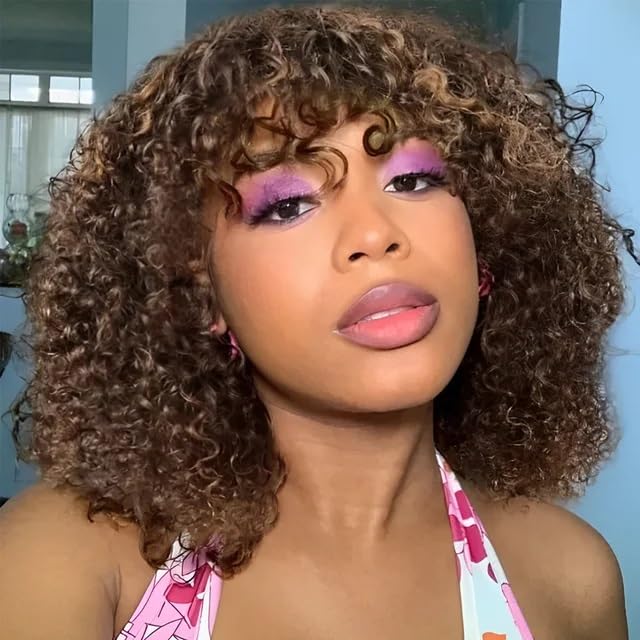 NOBLE HAIR - Pelucas de cabello humano corto y rizado con flequillo, pelucas de cabello humano virgen brasileño sin encaje frontal, pelucas hechas a