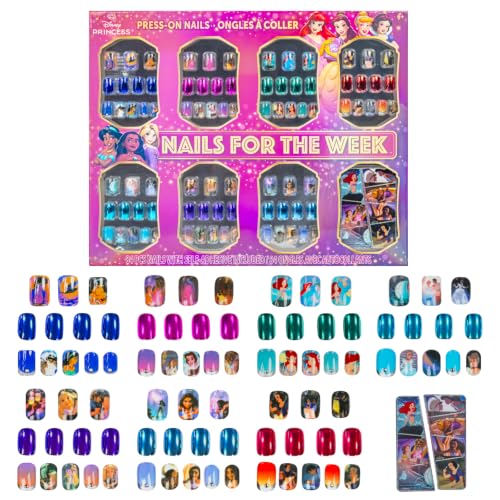 Disney Princess 84 Pcs Glitter-Glamup & Metallic Press-On Nails Artificial Fake False Nails Set Pre-Adhesive Full Cover Nail Tip Set for Kids Girls Tweens Ages 6+ by Townley Girl
