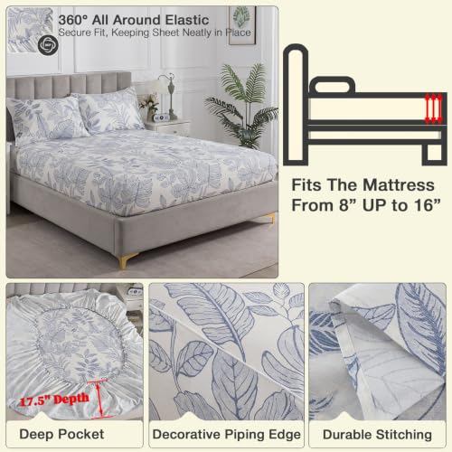 Image of Gray-Blue Floral Percale Sheets California King Hawaii Print, 4Pcs | Deep Pocket Light Beige 100% Cotton Toile Sheet Set, Neutral Flower Leaf Bed Sheets, Shabby Chic Bedding, Tropical Pattern