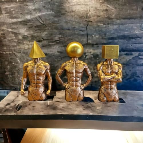 Image of Geometric Marvel MuscleCraft Accent Statue Set of 3 | Gold Stone Body with Golden 3D Triangle, Sphere, or Square Head(Human Body)