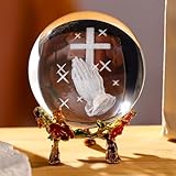 Ornalrist 60MM Crystal Ball Engraved 3D Hand Holding A Cross Figurine with Rose Stand Praying Religious Gifts for Women, Christian Gifts for Friend Glass Paperweight Home Decorations (2.36 in.)