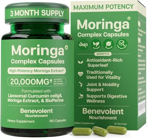 Benevolent Moringa Capsules with Liposomal Curcumin & BioPerine® – High-Potency 20:1 Moringa Supplement for Antioxidant Support, Immune Resilience & Enhanced Nutrient Absorption – 180 Count