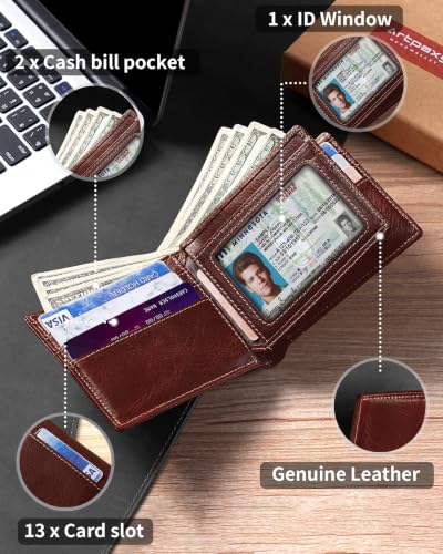 Image of Artpaxy Mens Wallet Bifold Genuine Leather RFID Blocking Wallet for Men with 1 ID Window 13 Card Holders 2 cash pockets 1 Gift Box
