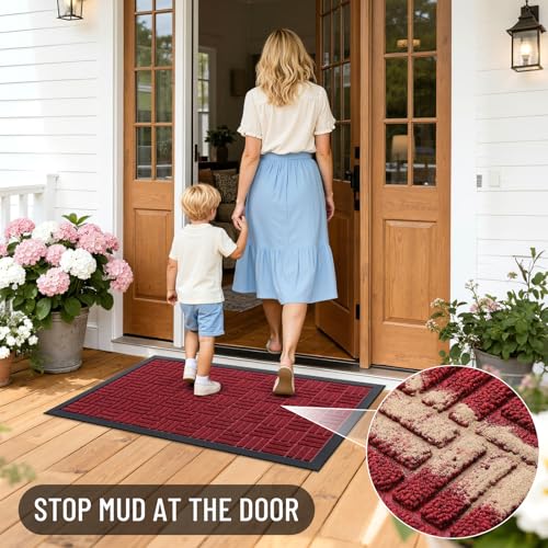 Image of OLANLY Front Door Mat Outside Entrance 47x23, Absorbent, Heavy Duty Sturdy Natural Rubber Doormat Indoor Outdoor, Non-Slip, Stain and Fade Resistant, Low Profile Floor Mat for Entryway, Black Red