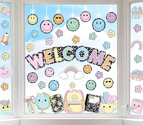 JarThenaAMCS Welcome Back to School Window Clings Floral Smile Face Flower Composition Notebook Double-Sided Glass Decals for Home Classroom Party Wall Decor 6 Sheets