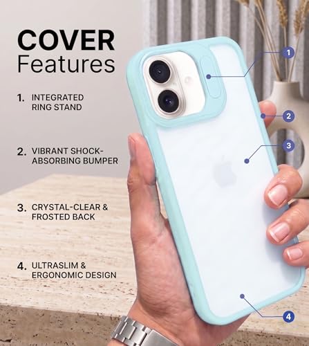 Image of amazon basics Frosted Matte Case for iPhone 17 | Built-in Flip-Out Camera Lens Stand | Translucent Back with Contrast Blue Bumper | Shockproof Protective Cover with Foldable Kickstand