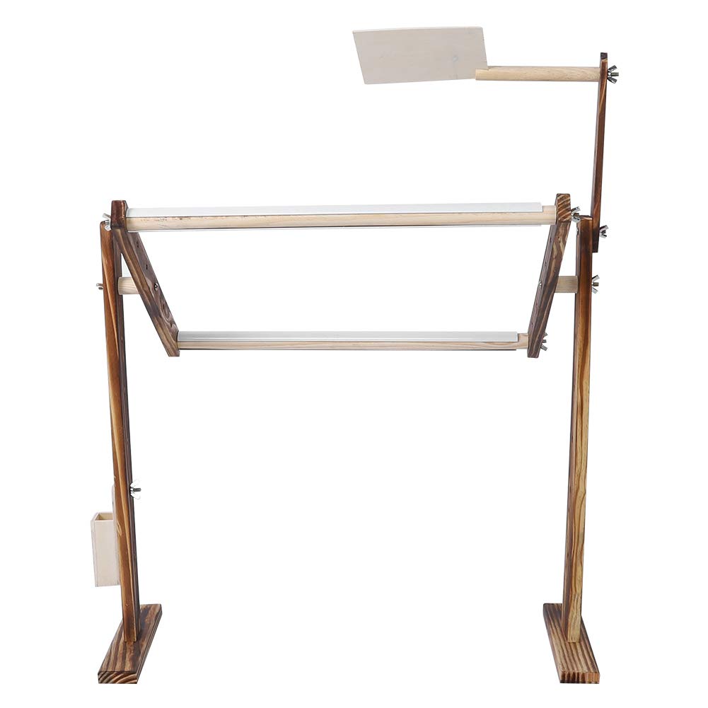 Wakects Soporte de marco de punto de cruz ajustable,Marco de madera para coser bordado punto de cruz con rodillo,Soporte de bordado de escritorio Bolsillo lateral para gadget material de pino