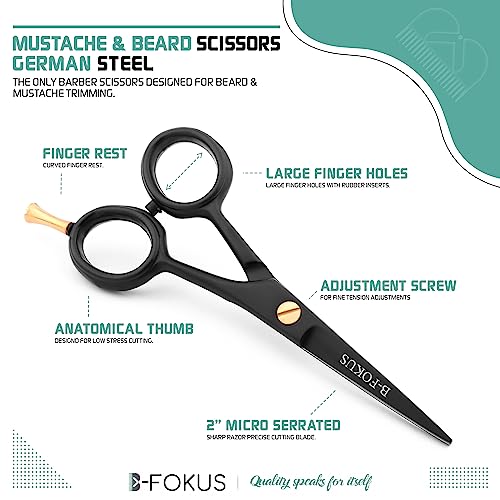 B-Fokus Versatile Beard And Mustache Scissors, 5-Inch Black German Steel Beard Scissors For Beard And Mustache Care, Beard Trimming Scissors Come With A Gorgeous Case And Comb Set. #TOP3