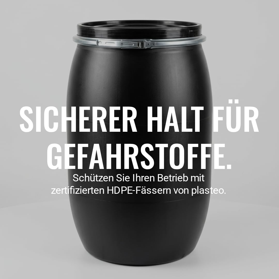 2X 120 Liter Weithalsfass Schwarz mit Deckel, Spannring und Dichtung, UN-Zulassung, HDPE Kunststofffass, Deckelfass, Lagerfass, Regentonne, Universalfass für Garten, Garage und Lager