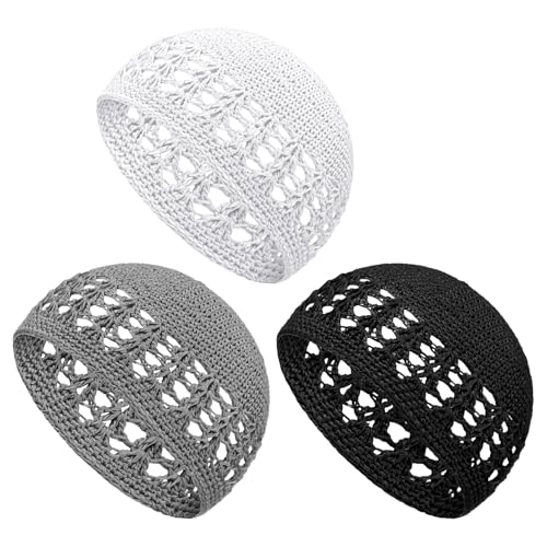 Boyiee Kufi Hat for Men Knit Kufi Cap Crochet Beanie Skull Beanie for Men Women (Black,Gray,White,3 Pieces)