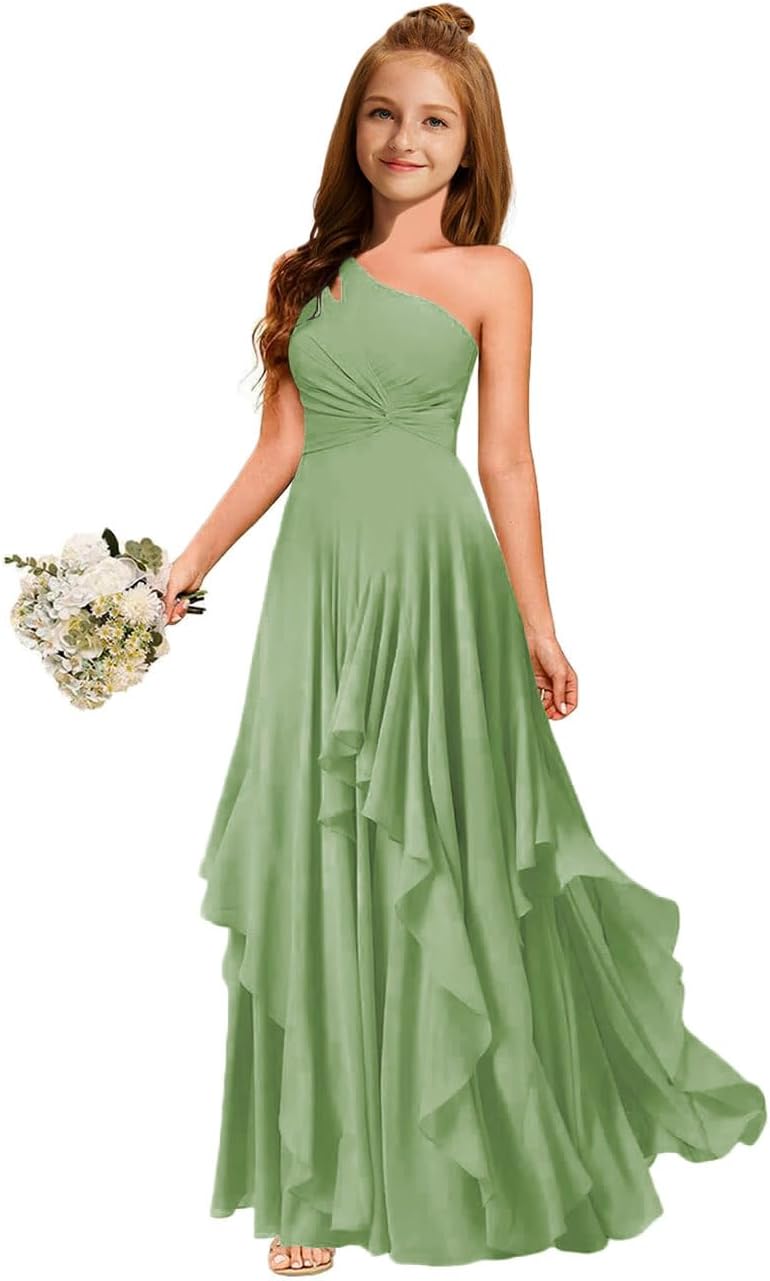 MRHUSH Junior Bridesmaid Dresses for Teen Girls Formal Dress One Shoulder Chiffon Long Tiered Flower Girl Dress Prom Gowns