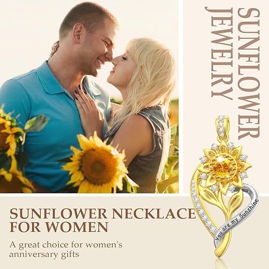 Sunflower Necklaces for Women,18K Gold Plated Heart Pendant Necklace Anniversary Birthday Gifts for Women Wife Gifts for Her You Are My Sunshine Necklace for Women Her Wedding Christmas