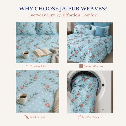 Image of Jaipur Weaves King Size Elastic Fitted Bedsheet, 100% Pure Cotton King Size Fitted Bedsheet for Double Bed with 2 Pillow Covers, 240 TC, 72x78 Inches up to 8-inch Mattress, Floral (Spring Tulips Blue)