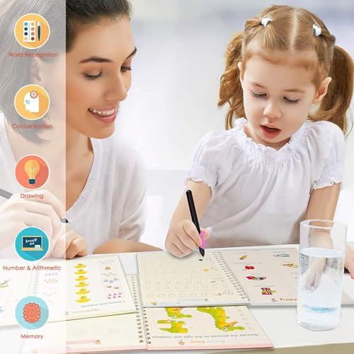 Image of PAXCOO Magic Practice CopyBook for Kids, Reusable Writing Practice Book for Preschool Kids,Magic Calligraphy Copybook Set Practical Reusable Writing Tool(4 Book+5 Refill+1 Pen+1 Grip)