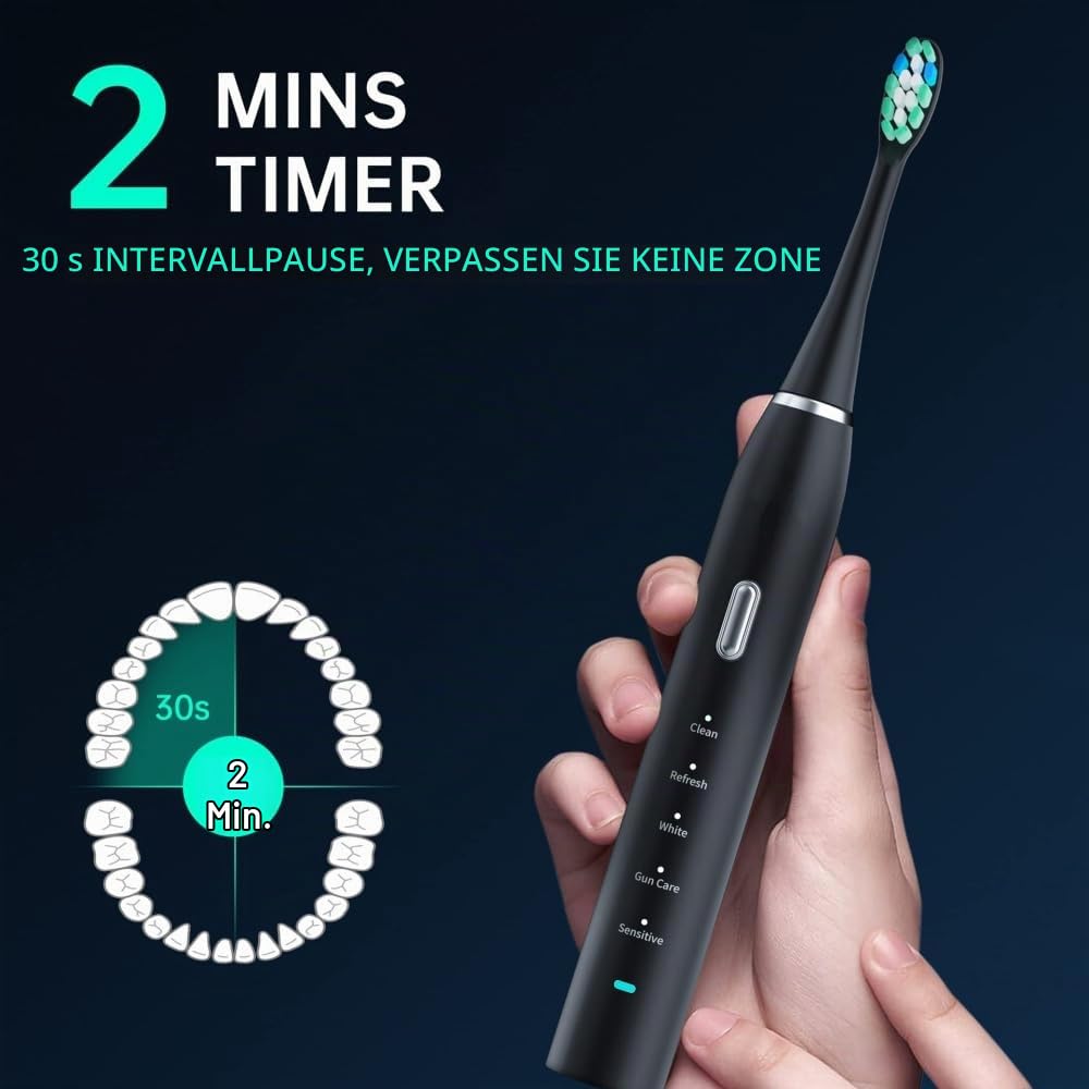 ProSonic V1 – Professionelle Zahnreinigung mit Schalltechnologie für glattere Zähne und optimale Mundhygiene Elektrische Schallzahnbürste - Reiseetui, Ladestation, 5 Putzmodi, 8 Bürstenköpfe
