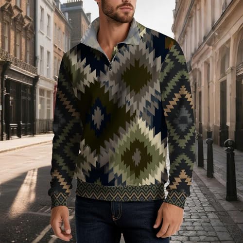 Men's Aztec Print Sweatshirt Quarter Zip Pullover V Neck Long Sleeve Casual Vintage Oversized Hippie Style Sweatshirt2