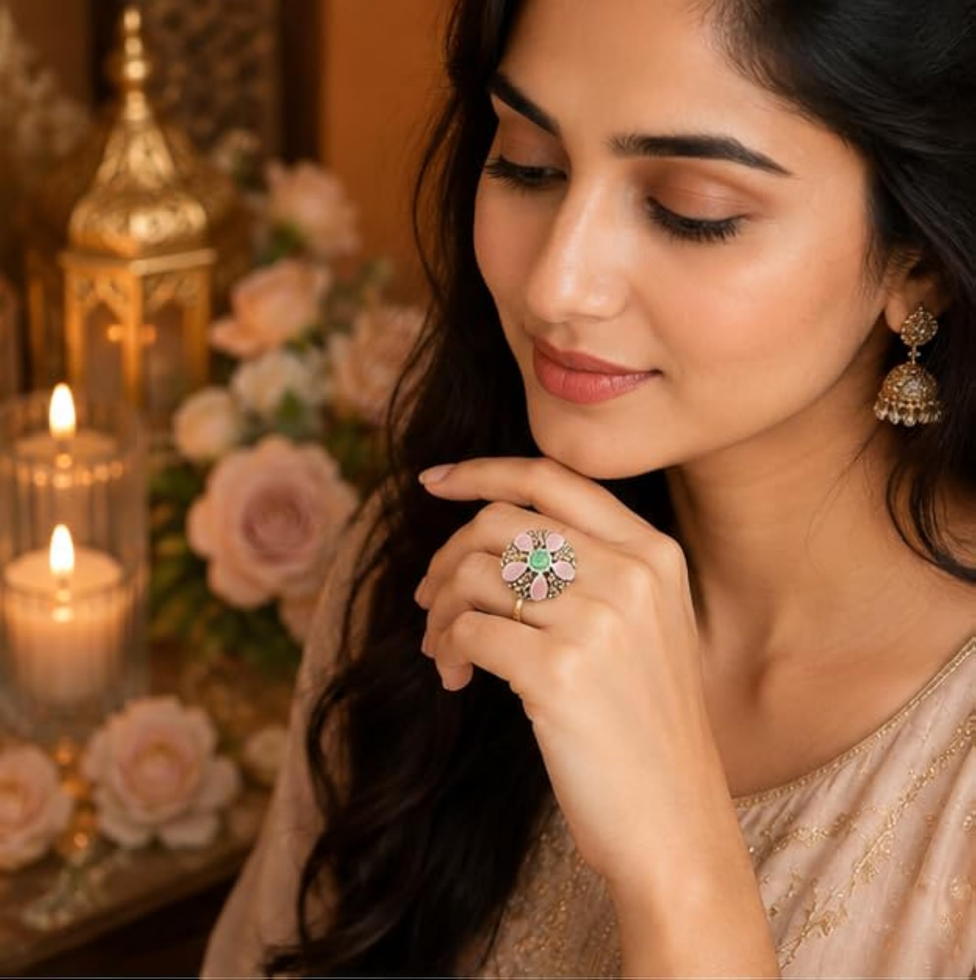 Floral Statement Ring with Multicolor Stones, Adjustable