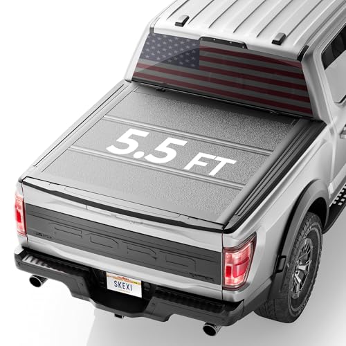 SKEXI Low Profile Truck Bed Tonneau Cover for Ford F150 5.5 ft (67.1') 2015-2026, FRP Truck Bed Cover Locking Drill-Free Install Heavy Duty Aluminum Hard Folding Waterproof Fiberglass Anti-Theft 5.5ft