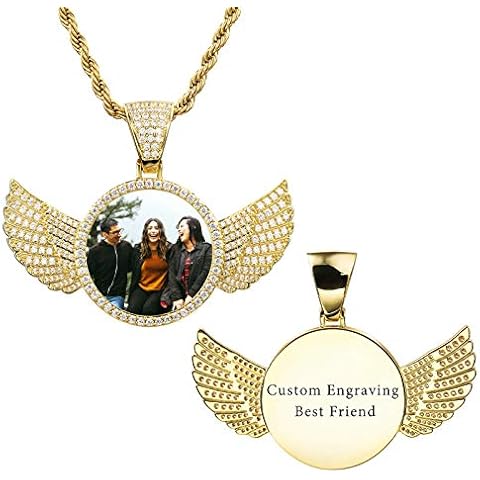 VIBOOS Personalized Hip Hop Memory Pendant Necklace Engraving Picture Text for Men Women Custom Photo Copper Angel Wing Round Medal Rope Chain Jewelry Souvenir Gift(GOLD 24) Cover