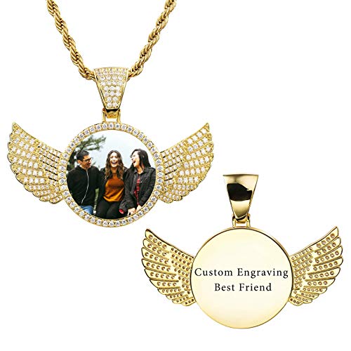 VIBOOS Personalized Hip Hop Memory Pendant Necklace Custom Picture Text for Men Women Custom Photo Copper Angel Wing Heart & Round Medal Rope Chain Jewelry Souvenir Gift