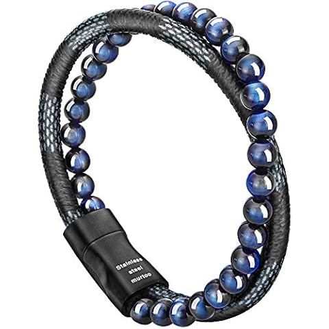 murtoo Mens Leather Bracelet, Blue and Black Bead and Leather Bracelet for Men (Blue-black) Cover