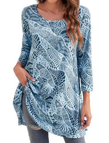 Enmain Damen Tunika Top 3/4 Langarm Blusen Tuniken Longline Bluse Longshirt Casual Elegante Rundhals Swing Tunika Tops für Damen Blau