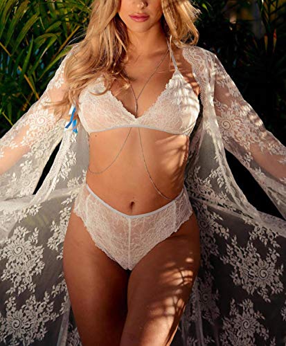 Buttzo Women Sexy Long Lace Dress Sheer Gown See Through Lingerie Kimono Robe (White, One Size) #TOP3