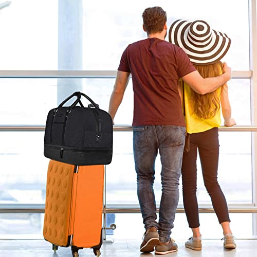 Image of Weekender Bag for Women, Large Overnight Bag Canvas Travel Duffel Bag Carry On Tote with Shoe Compartment 21 inch 3Pcs Set, A06-black+black, Large, Practical