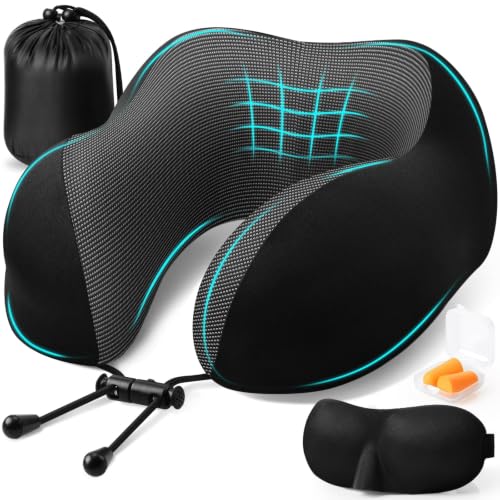 Image of ExploreBliss Travel Pillow, Memory Foam Neck Pillow Airplane, Black | Travel Pillows for Airplanes, Neck Pillow Airplane, Memory Foam Neck Pillow Set with Eye Mask, Earplugs