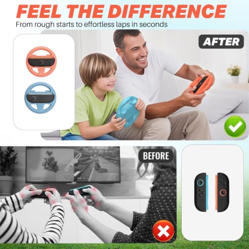 Image of NiTHO Racing Wheel Compatible with Switch 2 Controllers, Steering Wheel Grip for Racing Karting Games, Easy Snap-In Design, Gaming Accessory for Switch 2 (Pack of 2, Blue & Red)