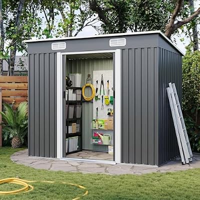 4x8 Metal Storage Shed Outdoor Steel Garden Tool Shed Metal shed with Sliding Door for Backyard, Lawn, Patio Yard, Grey