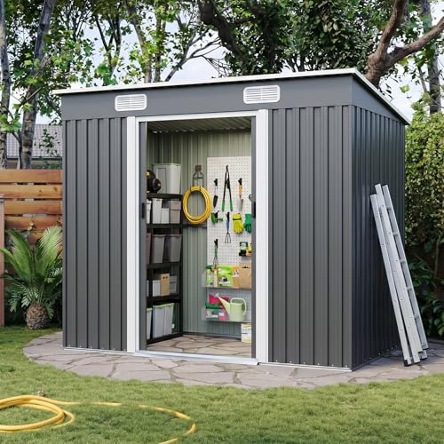 4x8 Metal Storage Shed Outdoor Steel Garden Tool Shed Metal shed with Sliding Door for Backyard Lawn Patio Yard Grey
