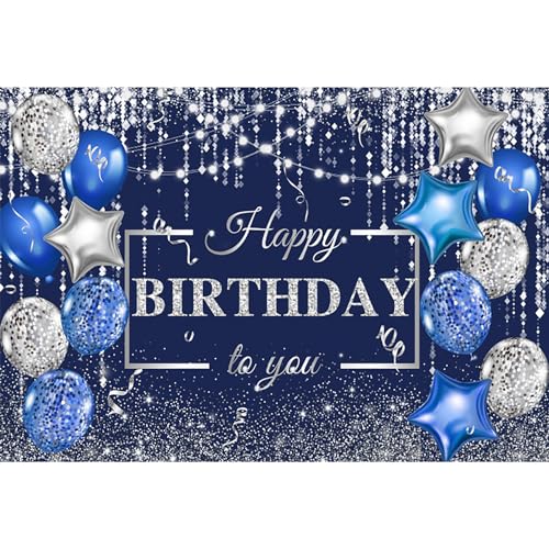 dnldliq 8x6ft Blue Happy Birthday Backdrop Silver Glitter Spots Balloons Photography Background Adults Women Men Boys Girls Birthday Party Decorations Banner Supplies Photo Studio Booth