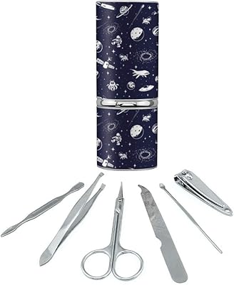 Space Pattern with Stars Planets Aliens Astronauts Spaceships Dogs Stainless Steel Manicure Pedicure Grooming Beauty Care Travel Kit