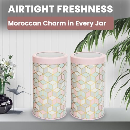 Image of Maroc Collection Airtight Kitchen Container Set| 1400ML- Set of 4| Food Grade Metal Storage Jars for Rice, Besan, Flour & Grains| Leakproof, Moist-Proof X-Large Canisters| Moroccan Pink Pastel
