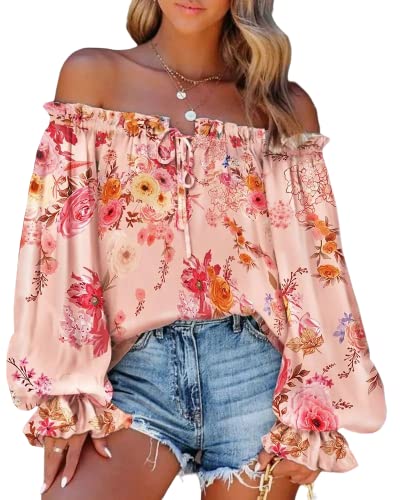 Womens Off The Shoulder Boho Floral Blouse Lantern Sleeve Geometric Print Top Ruffle Flower Loose Vacation Shirt #TOP17