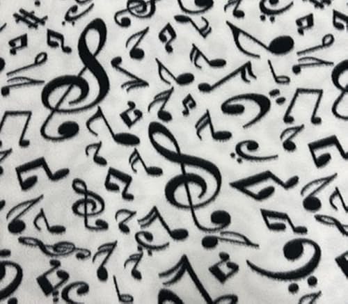 Fleece Fabric Printed Anti Pill Black Musical Notes White Background 1 Yard