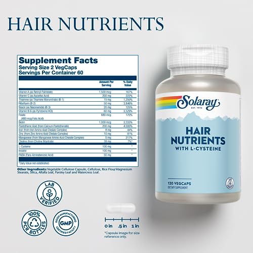 Image of SOLARAY Hair Nutrients Supplement for Women & Men - with Biotin, L-Cysteine Vitamin A, Iron, Zinc, 60 Servings - 120 Veg Caps