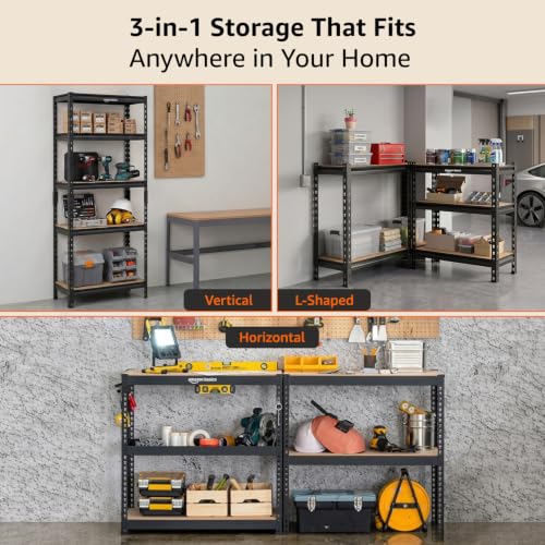 Image of Amazon Basics 5-Tier Storage Rack | Bolt-Free Assembly | Metal Stand & Thick MDF Board | 175kg Capacity Per Shelf | 63H x 24W x 12D inch Adjustable Shelf Rack for Home, Garage & Shop| Black