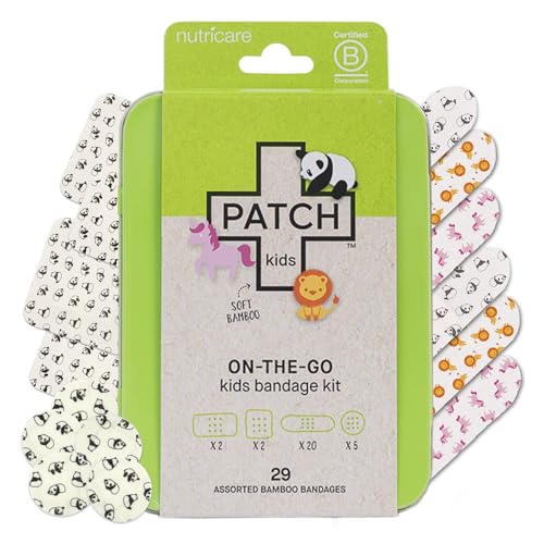Image of Patch Kids On-The-Go Natural Bamboo Adhesive Bandage Kit for Sensitive Skin, Eco-Friendly Hypoallergenic Bandages for Sensitive Skin. Non Toxic Bandages for Boys & Girls with Cute Prints, 29 ct Small