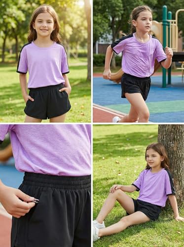 Image of SELINK Girls Travel Outfits Set Rainbow Striped Two Piece Lounge Sets Casual Sweat Tracksuit Matching Runner Shorts