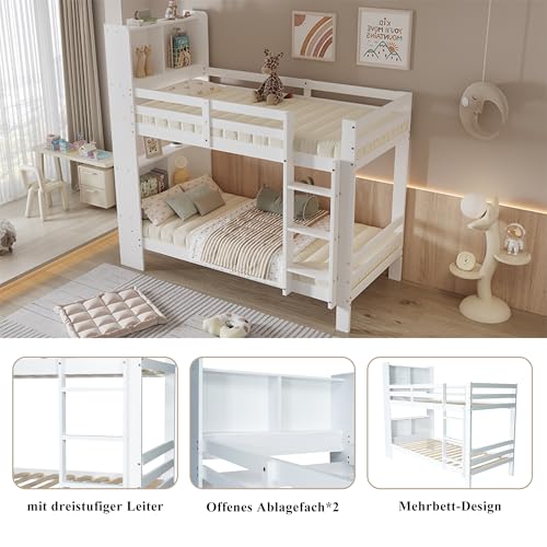 Miniatura 8 de Soweiz Cuna - Litera Con Estantes Y Escalera De Tres Niveles, En Ángulo Recto, Cama De Madera, Marco De Cama De Madera Maciza, Color Blanco, 90 X 200 Cm