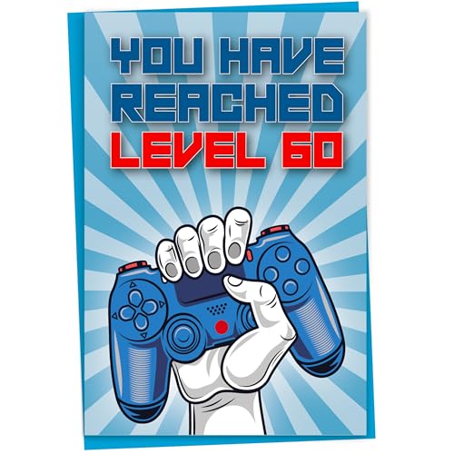 Carte d'anniversaire de 60 ans, « You Have Reached Level 60 », carte de vœux pour joueur de 60 ans, cadeau d'anniversaire pour fils ou fille adulte, pour lui, elle, maman, papa, bleu