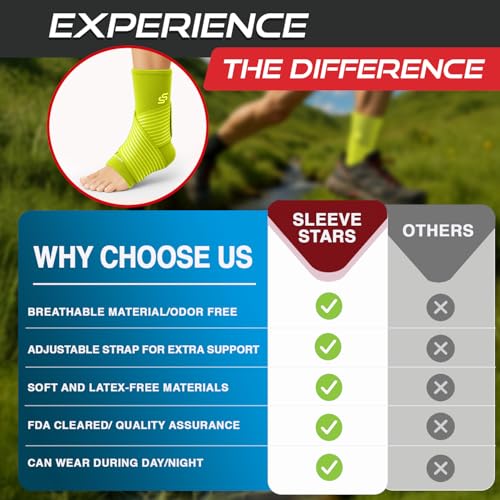 Image of Sleeve Stars Ankle Brace for Women & Men, Ankle Wrap for Sprained Ankle, Compression Sleeve for Plantar Fasciitis Relief, Easy Customizable Support: w / Removable Strap (Single /M:10 inch-12 inch /Neon Yellow Green)