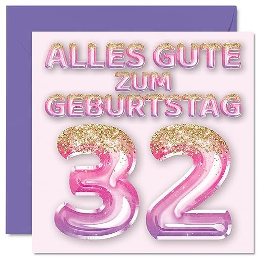 Stuff4 32. Tarjeta de cumpleaños para mujer, globos con purpurina rosa y morada, tarjetas de felicitación de cumpleaños para 32 años, esposa, hija, hermana, tía, 145 mm, treinta y dos cumpleaños