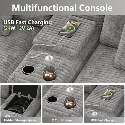 Image of 151 inch Oversized U Shaped Cloud Couches for Living Room, Fluffy Large Modular Sectional Sofa Set with Ottoman Chaise Comfy Corduroy Light Grey Boneless Couch with Cup Holder USB Port